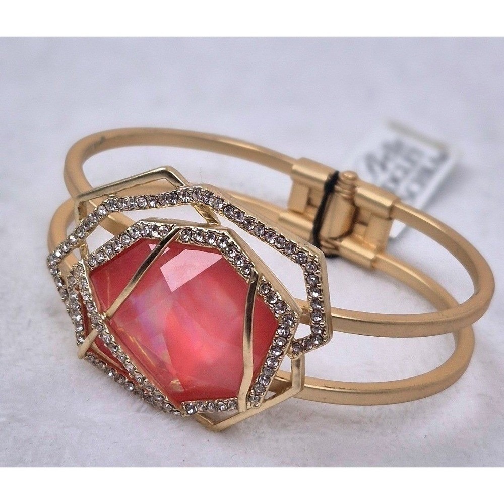 Belle Badgley Mischka Bangle Bracelet Pink Gold Art Deco Rhinestone Womens OS